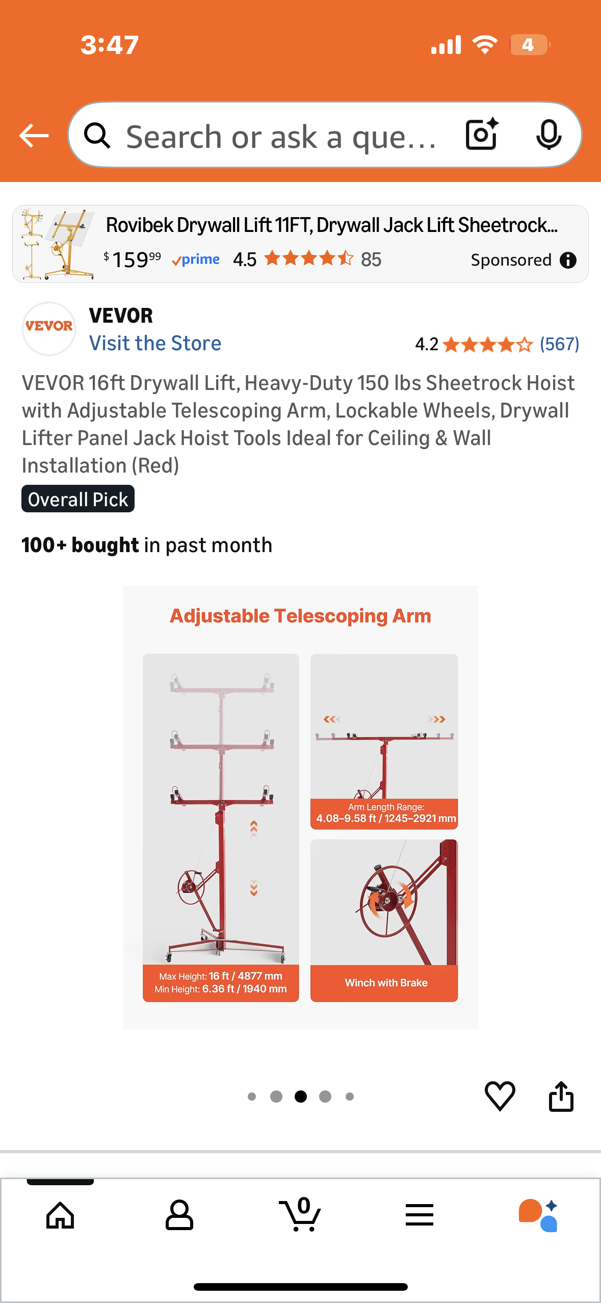 VEVOR 16ft Drywall Lift, Heavy-Duty 150 lbs Sheetrock Hoist with Adjustable Telescoping Arm, Lockable Wheels, Drywall Lifter Panel Jack Hoist Ideal for Ceiling & Wall Installation (Red) (G927)