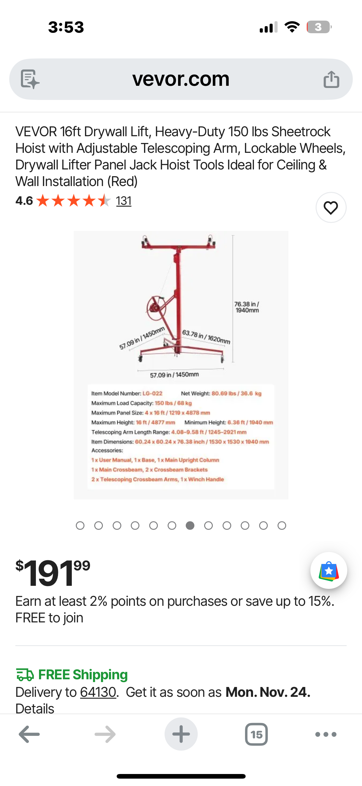 VEVOR 16ft Drywall Lift, Heavy-Duty 150 lbs Sheetrock Hoist with Adjustable Telescoping Arm, Lockable Wheels, Drywall Lifter Panel Jack Hoist Ideal for Ceiling & Wall Installation (Red) (G927)