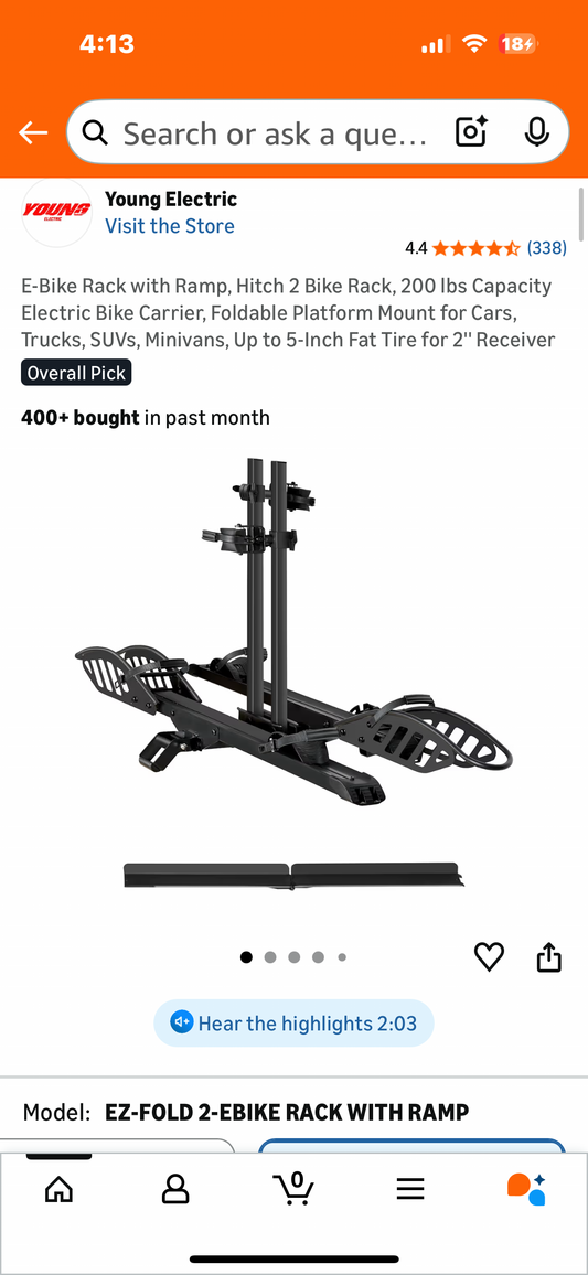 E-Bike Fold Rack with Ramp, Hitch 2 Bike Rack, 200 lbs Capacity Electric Bike Carrier, Foldable Platform Mount for Cars, Trucks, SUVs, Minivans, Up to 5-Inch Fat Tire for 2'' Receiver (W550)