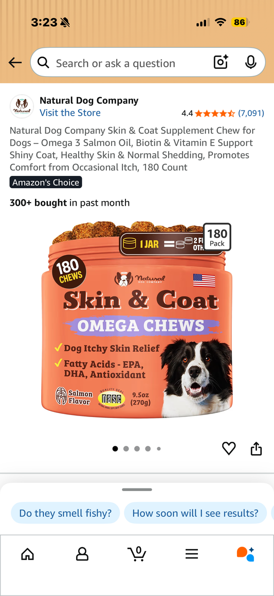 Natural Dog Company Skin & Coat Supplement Chew for Dogs – Omega 3 Salmon Oil, Biotin & Vitamin E Support Shiny Coat, Healthy Skin & Normal Shedding, Promotes Comfort from Occasional Itch, 180 Count