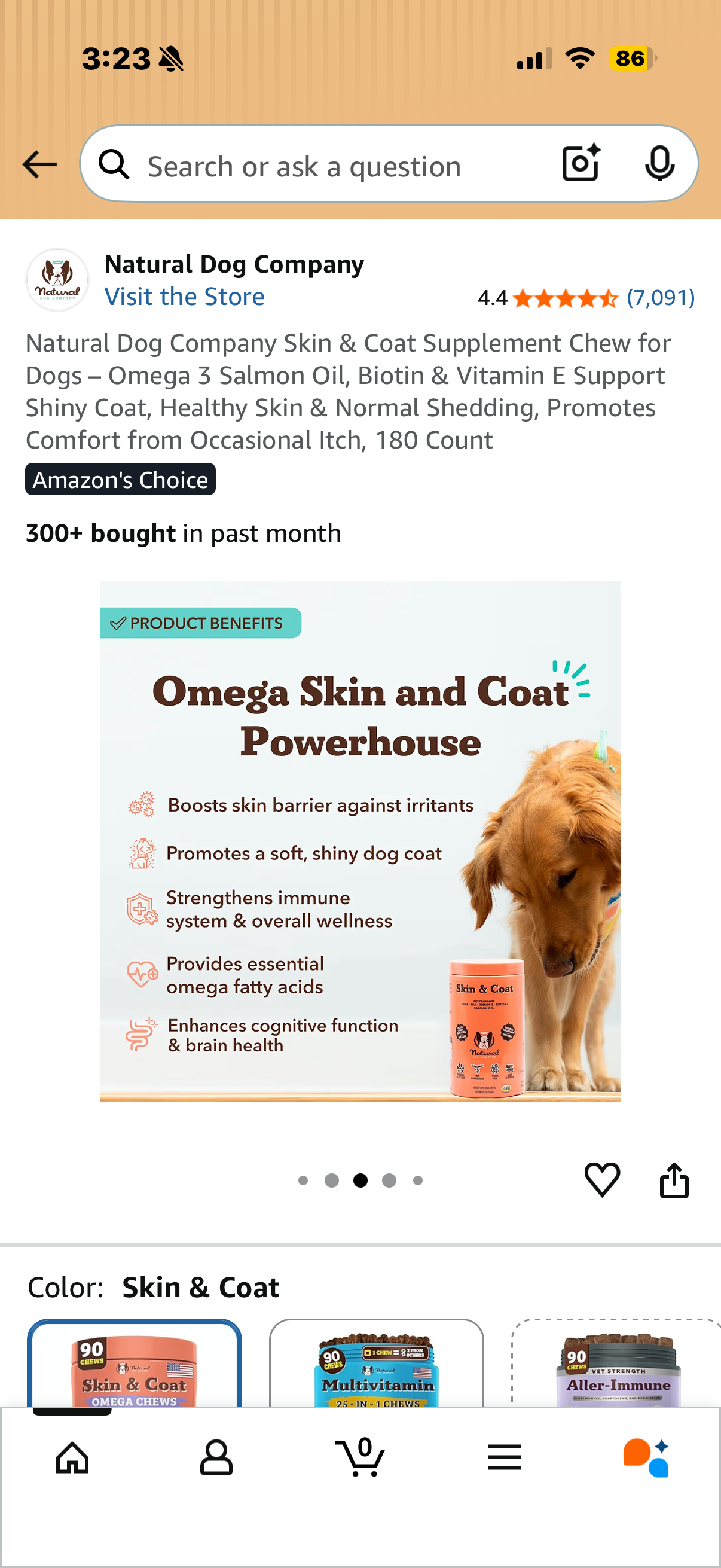 Natural Dog Company Skin & Coat Supplement Chew for Dogs – Omega 3 Salmon Oil, Biotin & Vitamin E Support Shiny Coat, Healthy Skin & Normal Shedding, Promotes Comfort from Occasional Itch, 180 Count