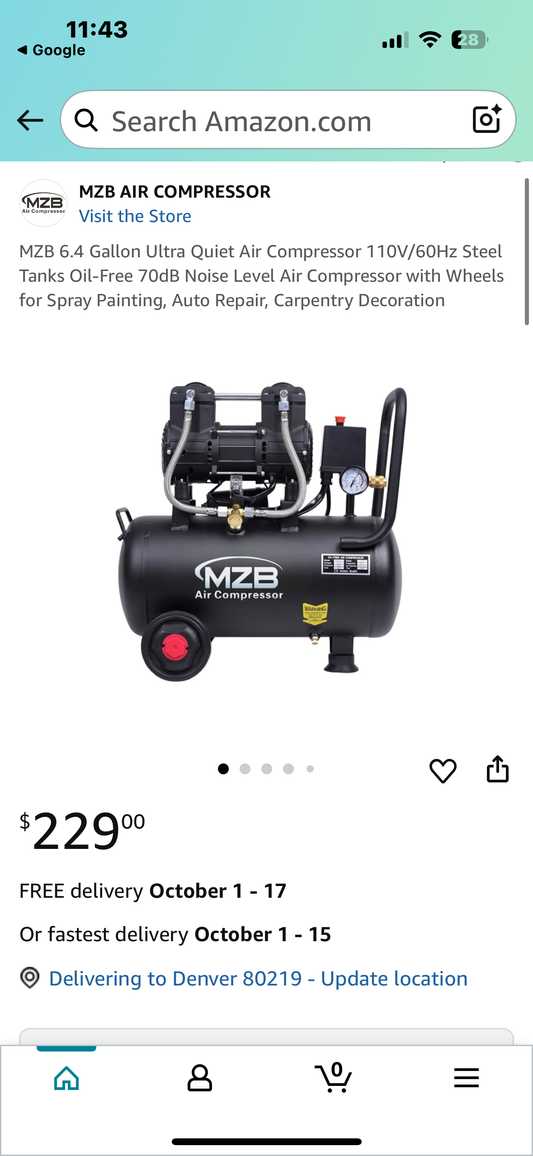 MZB 6.4 Gallon Ultra Quiet Air Compressor 110V/60Hz Steel Tanks Oil-Free 70dB Noise Level Air Compressor with Wheels for Spray Painting, Auto Repair, Carpentry(G847)