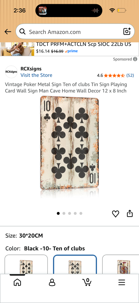 Vintage Poker Metal Sign Ten of clubs Tin Sign Playing Card Wall Sign Man Cave Home Wall Decor 12 x 8 Inch