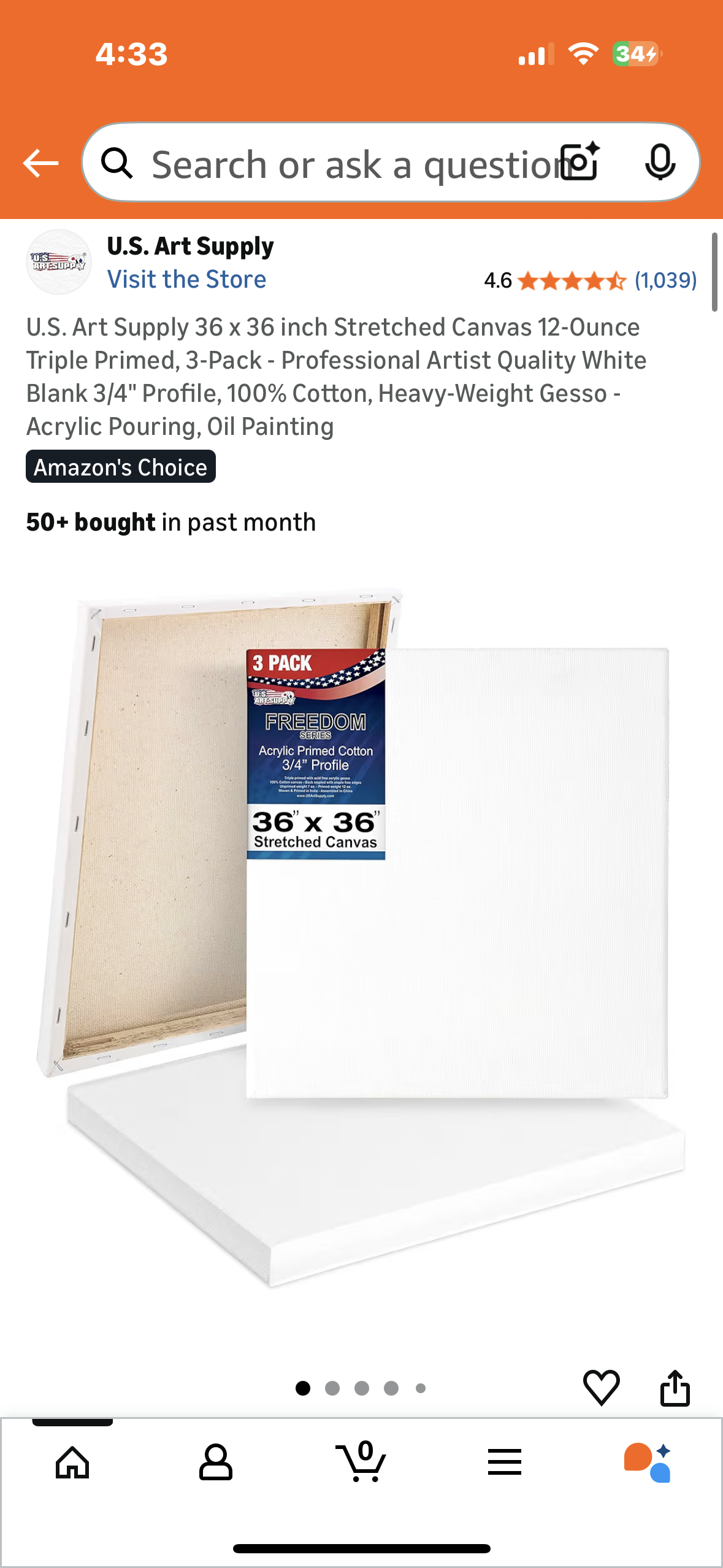 U.S. Art Supply 36 x 36 inch Stretched Canvas, 12-Ounce Triple Primed, 3-Pack - Professional Artist Quality White, 3/4" Profile, 100% Cotton, Heavy-Weight Gesso - Acrylic Pouring, Oil Painting (R743)