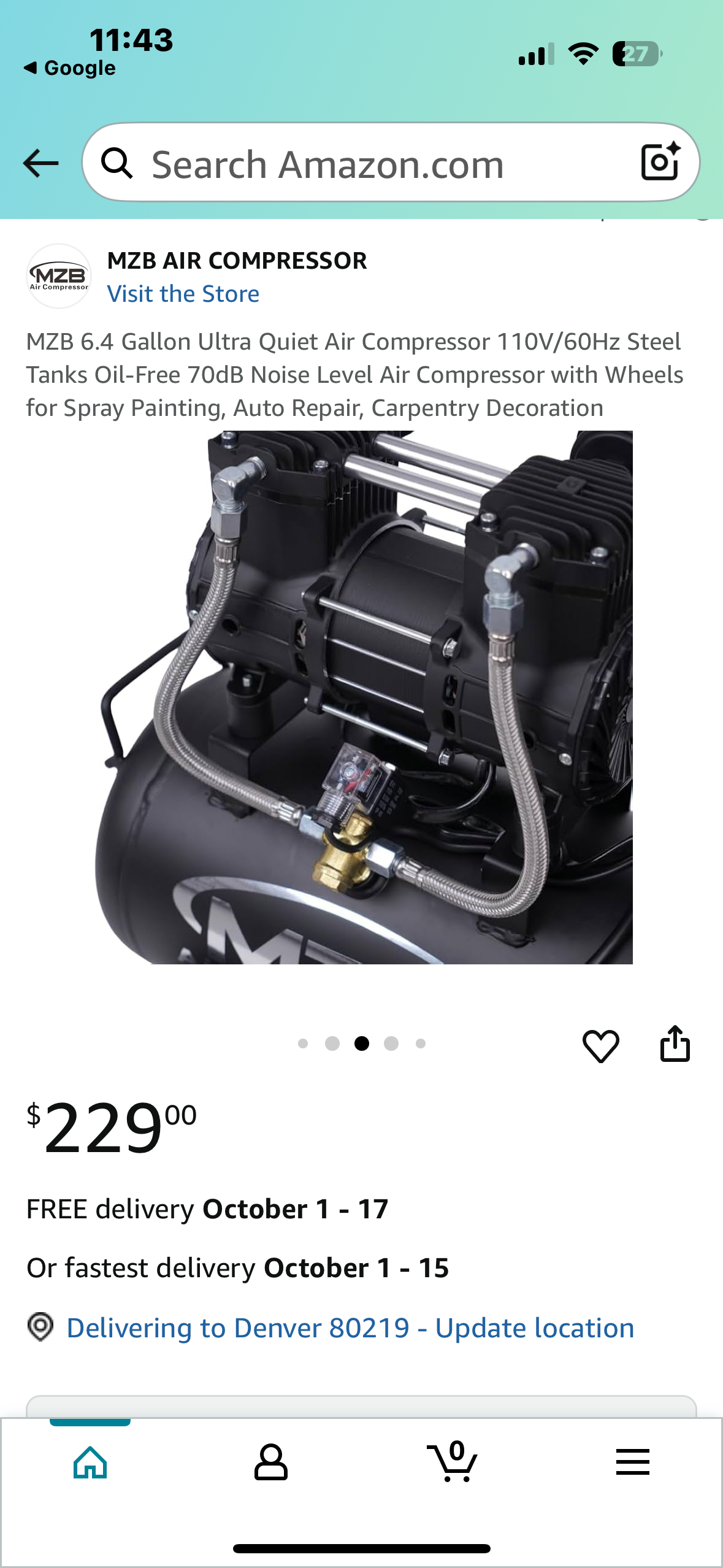 MZB 6.4 Gallon Ultra Quiet Air Compressor 110V/60Hz Steel Tanks Oil-Free 70dB Noise Level Air Compressor with Wheels for Spray Painting, Auto Repair, Carpentry(G847)