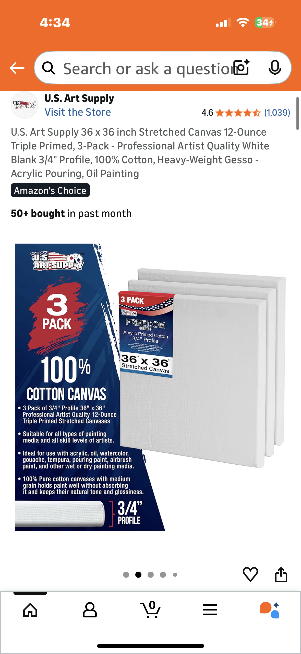 U.S. Art Supply 36 x 36 inch Stretched Canvas, 12-Ounce Triple Primed, 3-Pack - Professional Artist Quality White, 3/4" Profile, 100% Cotton, Heavy-Weight Gesso - Acrylic Pouring, Oil Painting (R743)