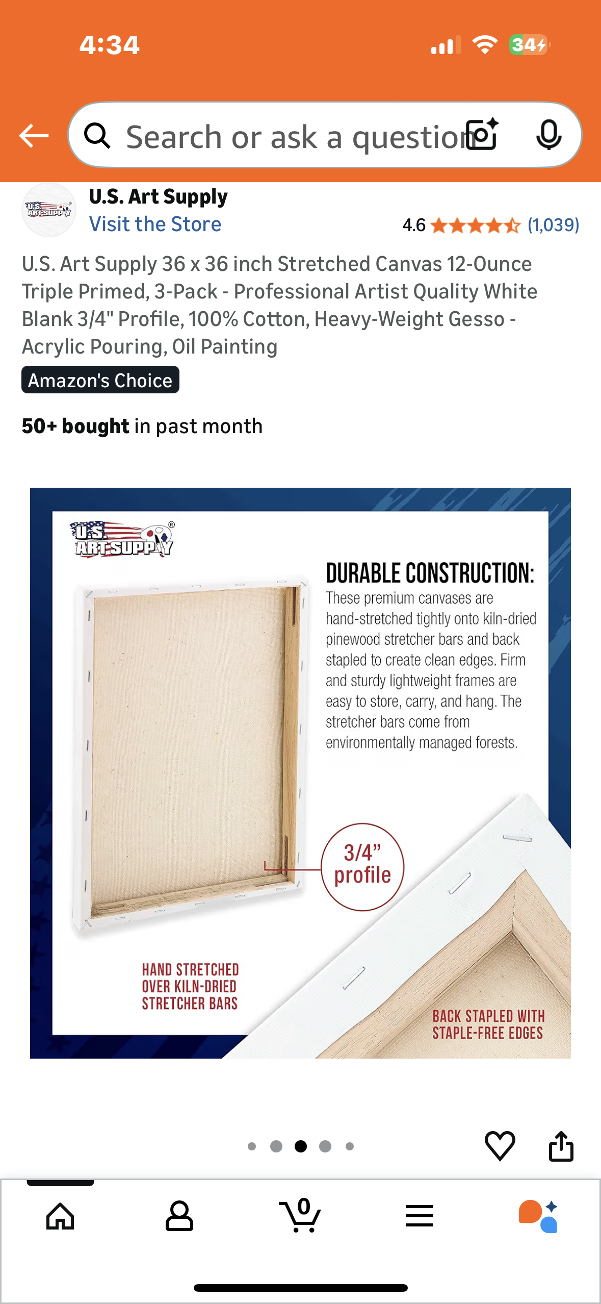 U.S. Art Supply 36 x 36 inch Stretched Canvas, 12-Ounce Triple Primed, 3-Pack - Professional Artist Quality White, 3/4" Profile, 100% Cotton, Heavy-Weight Gesso - Acrylic Pouring, Oil Painting (R743)