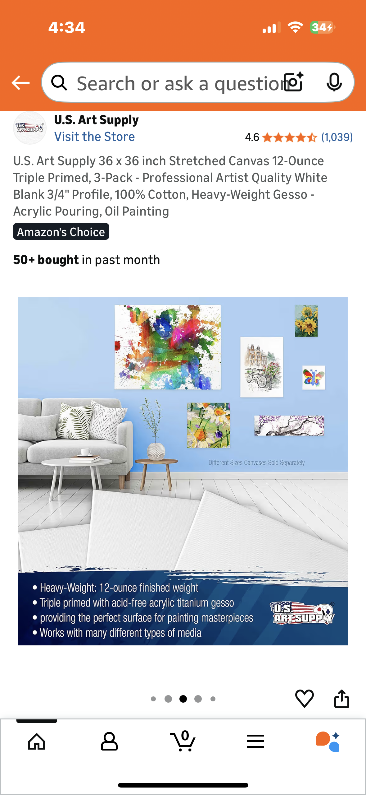 U.S. Art Supply 36 x 36 inch Stretched Canvas, 12-Ounce Triple Primed, 3-Pack - Professional Artist Quality White, 3/4" Profile, 100% Cotton, Heavy-Weight Gesso - Acrylic Pouring, Oil Painting (R743)