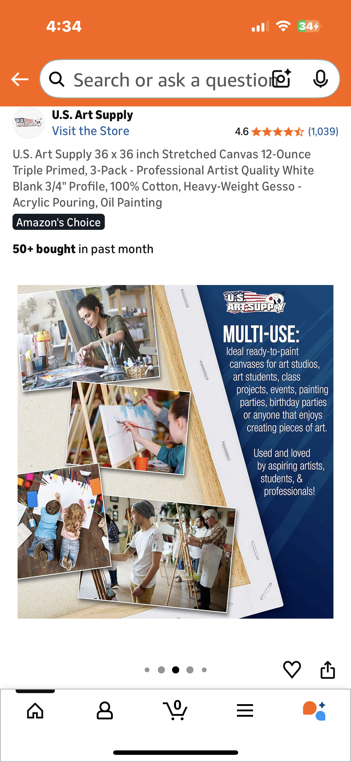 U.S. Art Supply 36 x 36 inch Stretched Canvas, 12-Ounce Triple Primed, 3-Pack - Professional Artist Quality White, 3/4" Profile, 100% Cotton, Heavy-Weight Gesso - Acrylic Pouring, Oil Painting (R743)