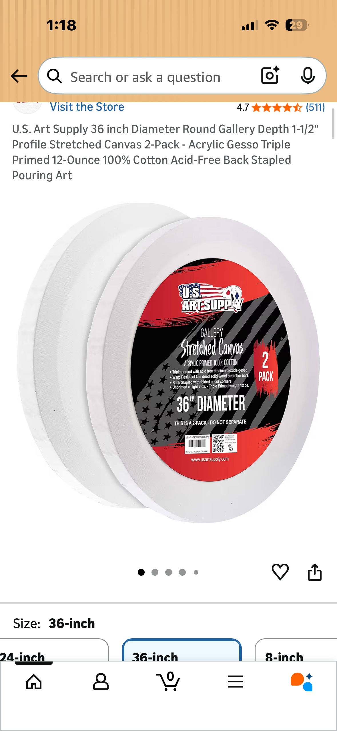 36” Diameter Round Gallery Depth 1-1/2" Profile Stretched Canvas - Acrylic Gesso Triple Primed 12-Ounce 100% Cotton Acid-Free, Stapled Back (O511)