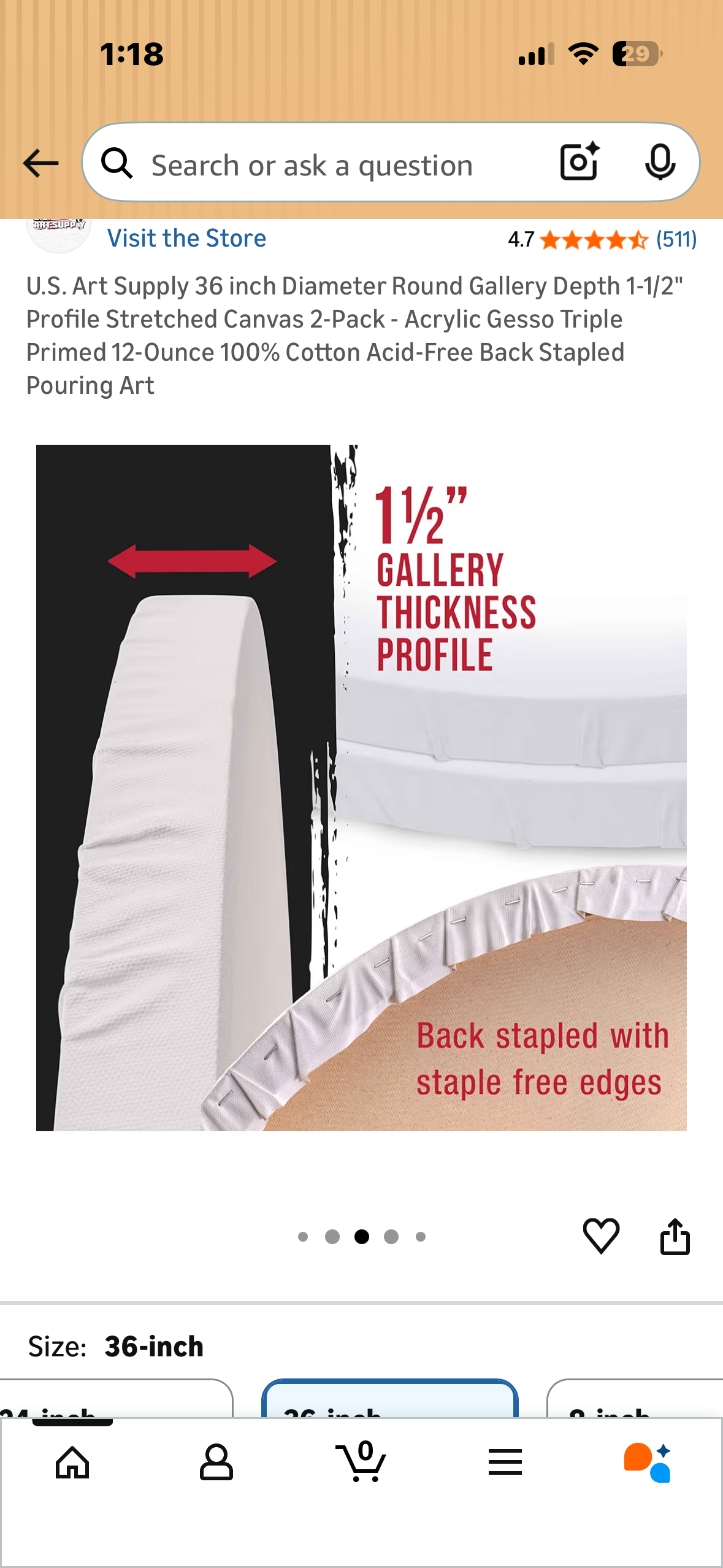36” Diameter Round Gallery Depth 1-1/2" Profile Stretched Canvas - Acrylic Gesso Triple Primed 12-Ounce 100% Cotton Acid-Free, Stapled Back (O511)