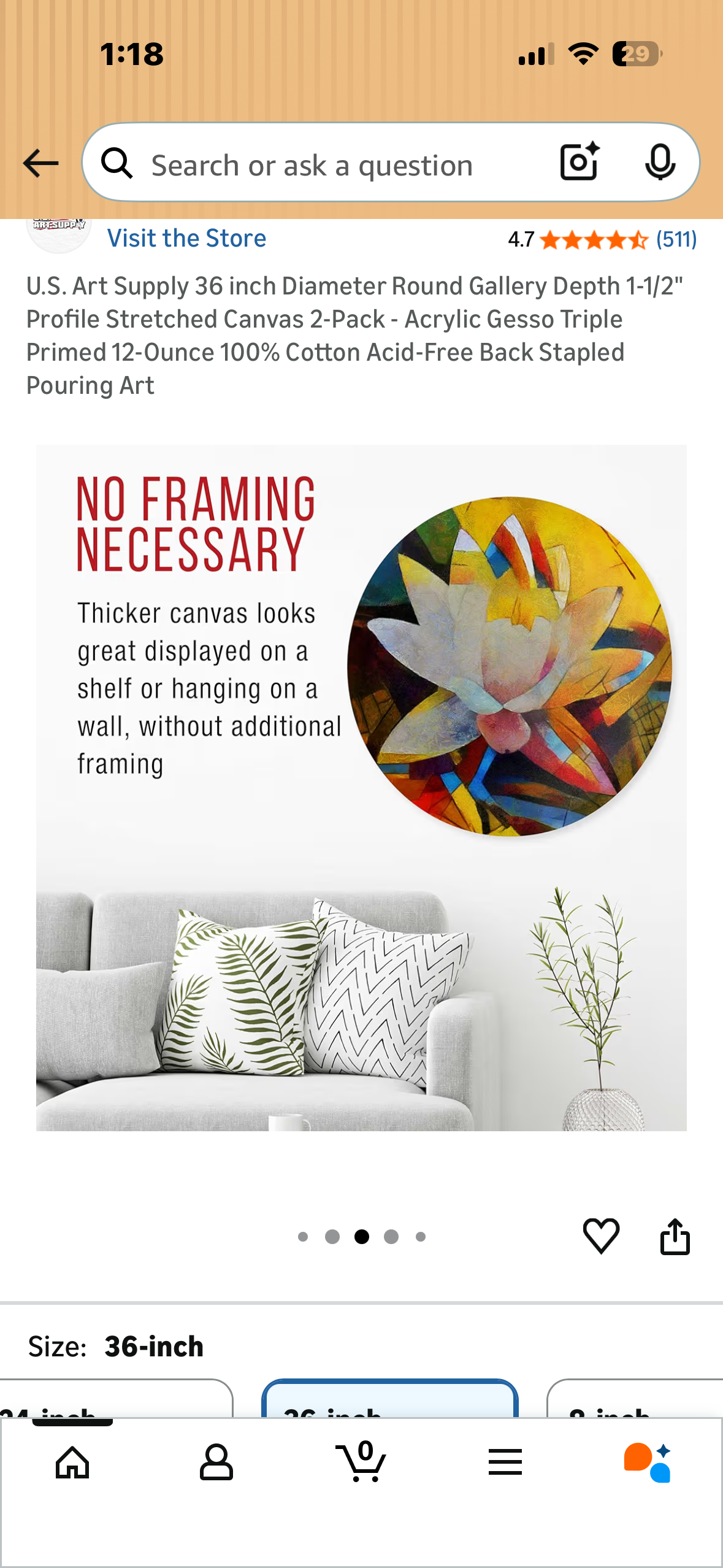 36” Diameter Round Gallery Depth 1-1/2" Profile Stretched Canvas - Acrylic Gesso Triple Primed 12-Ounce 100% Cotton Acid-Free, Stapled Back (O511)