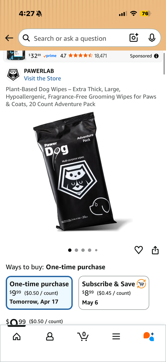Plant-Based Dog Wipes – Extra Thick, Large, Hypoallergenic, Fragrance-Free Grooming Wipes for Paws & Coats, 20 Count Adventure Pack