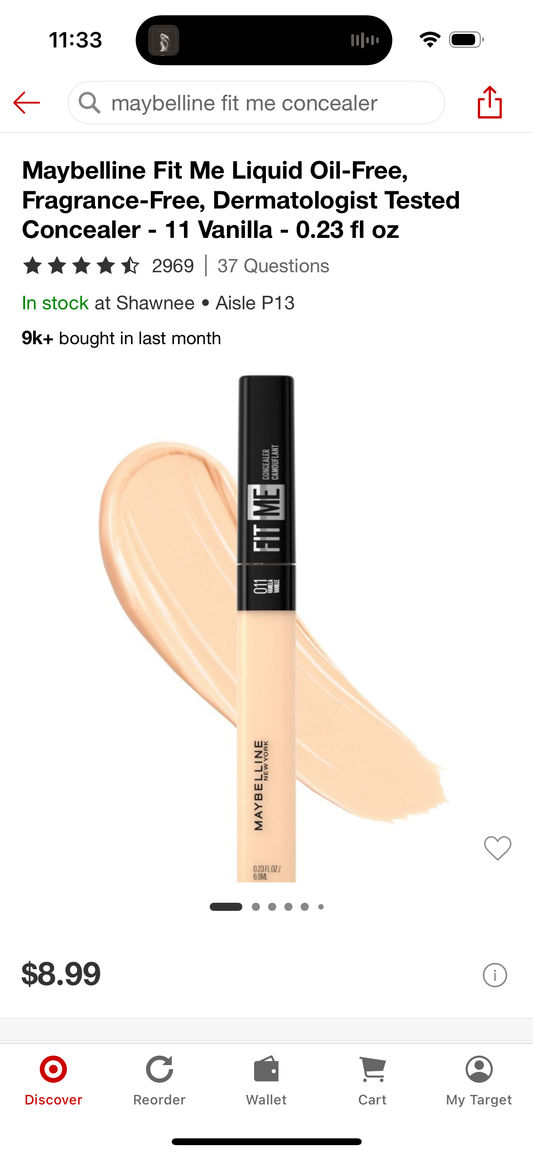 Maybelline Fit Me Liquid Oil-Free, Fragrance-Free, Dermatologist Tested Concealer - 11 Vanilla - 0.23 fl oz