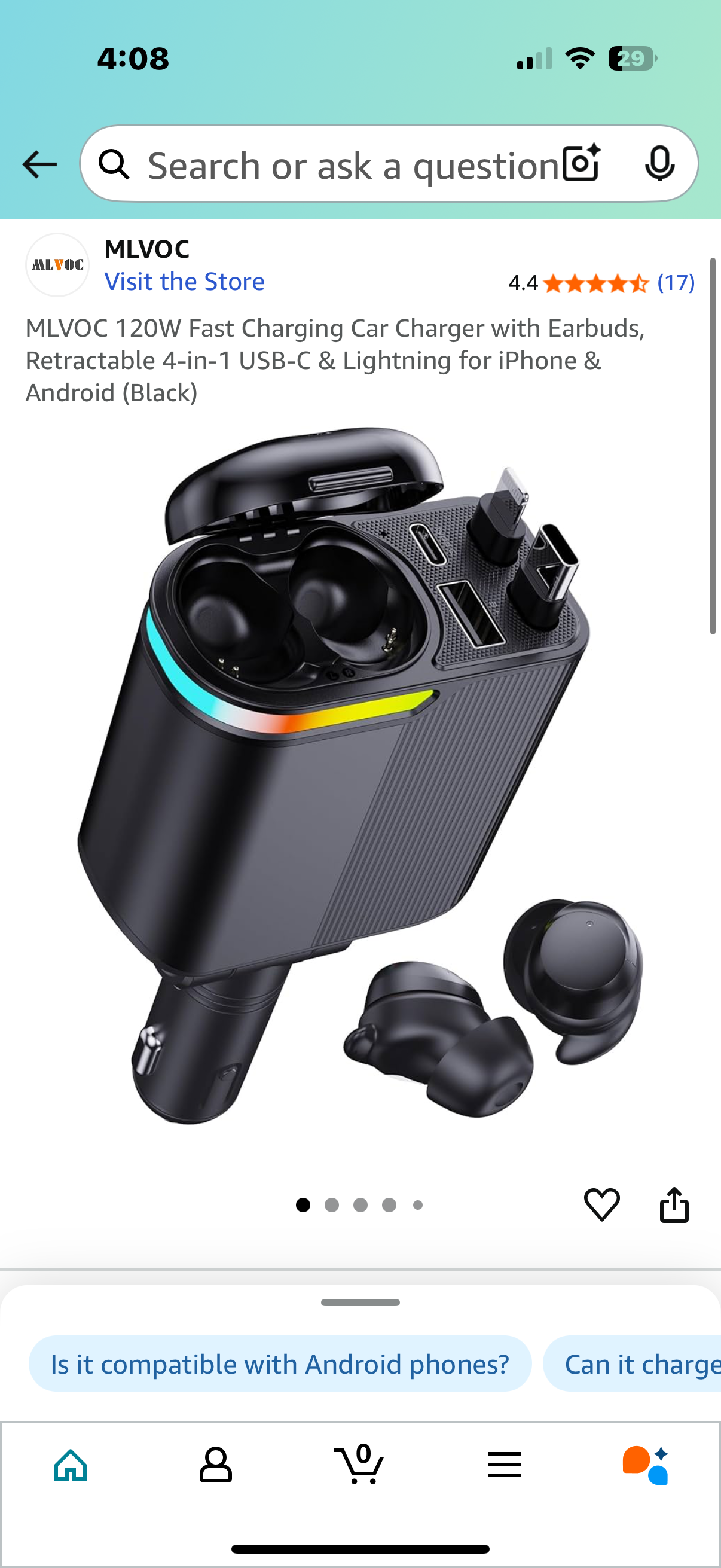MLVOC 120W Fast Charging Car Charger with Earbuds, Retractable 4-in-1 USB-C & Lightning for iPhone & Android (Black)