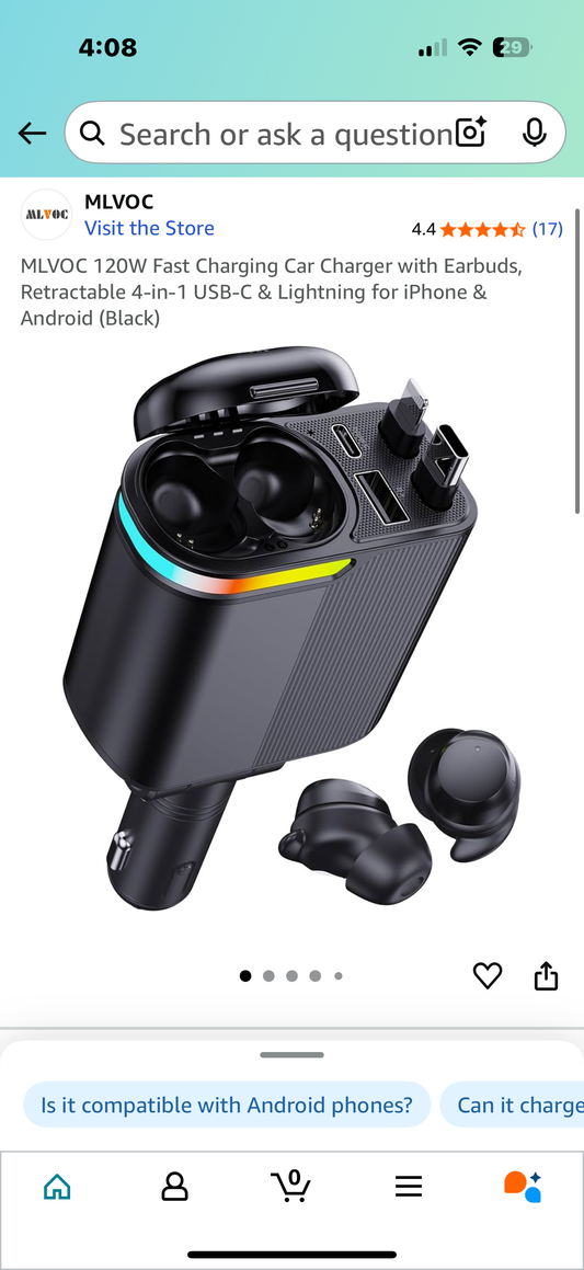MLVOC 120W Fast Charging Car Charger with Earbuds, Retractable 4-in-1 USB-C & Lightning for iPhone & Android (Black)