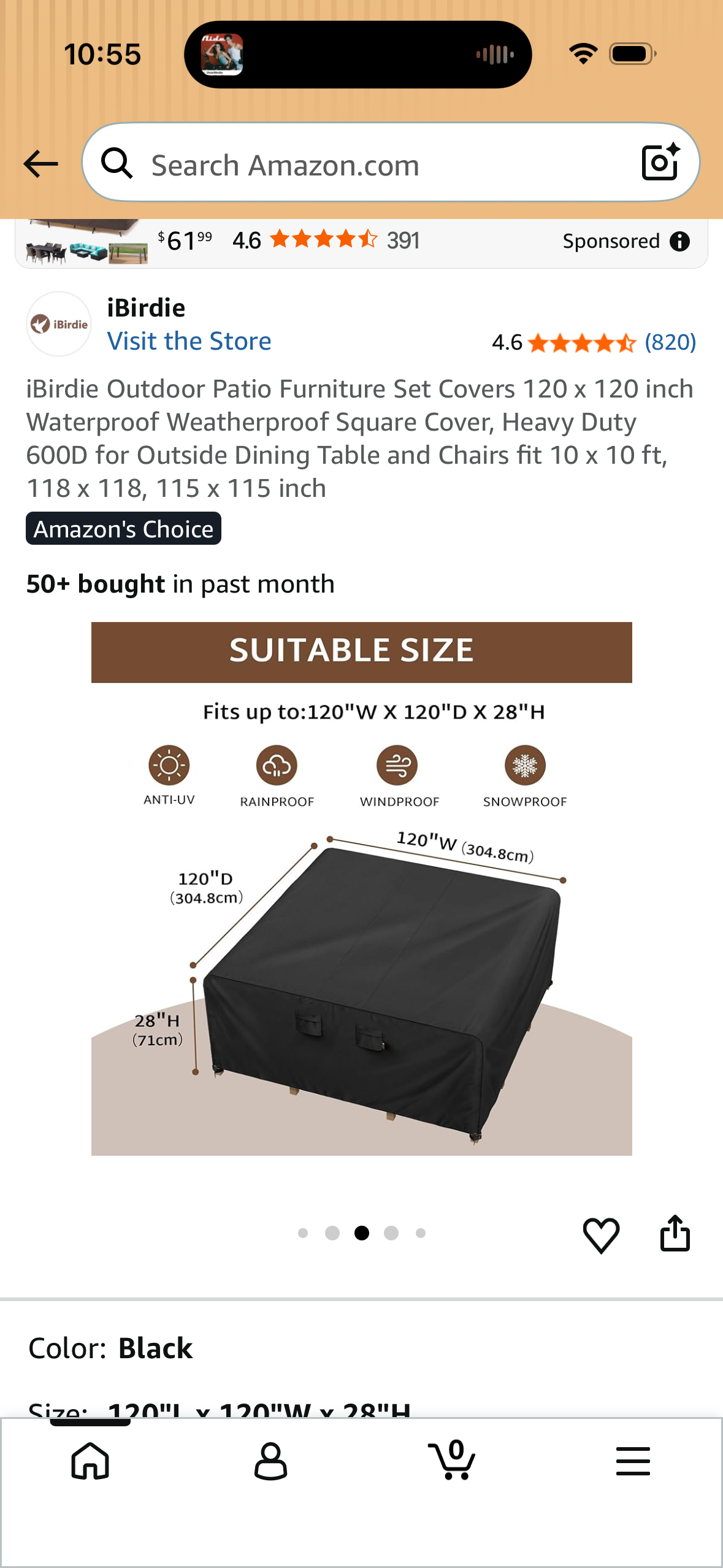 iBirdie Outdoor Patio Furniture Set Covers 120 x 120 inch Waterproof Weatherproof Square Cover, Heavy Duty 600D for Outside Dining Table and Chairs fit 10 x 10 ft, 118 x 118, 115 x 115 inch