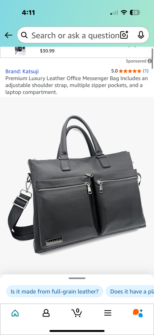 Premium Luxury Leather Office Messenger Bag Includes an adjustable shoulder strap, multiple zipper pockets, and a laptop compartment
