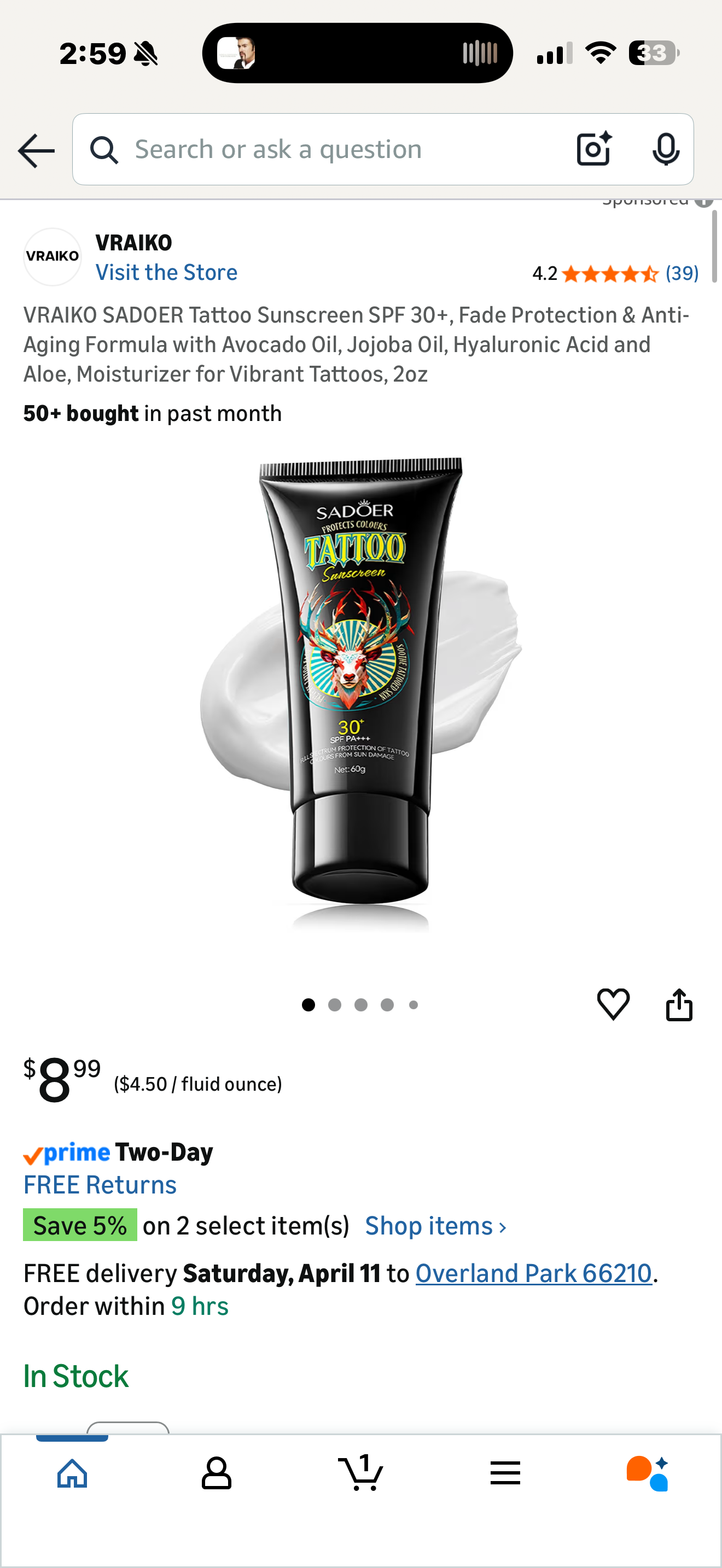 VRAIKO SADOER Tattoo Sunscreen SPF 30+, Fade Protection & Anti-Aging Formula with Avocado Oil, Jojoba Oil, Hyaluronic Acid and Aloe, Moisturizer for Vibrant Tattoos, 2oz
