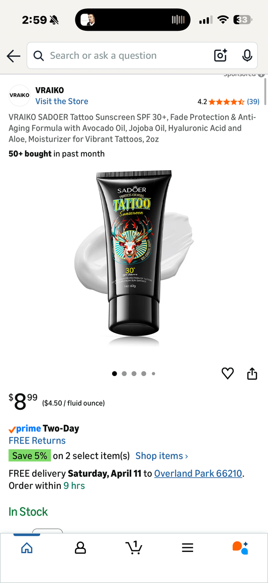 VRAIKO SADOER Tattoo Sunscreen SPF 30+, Fade Protection & Anti-Aging Formula with Avocado Oil, Jojoba Oil, Hyaluronic Acid and Aloe, Moisturizer for Vibrant Tattoos, 2oz
