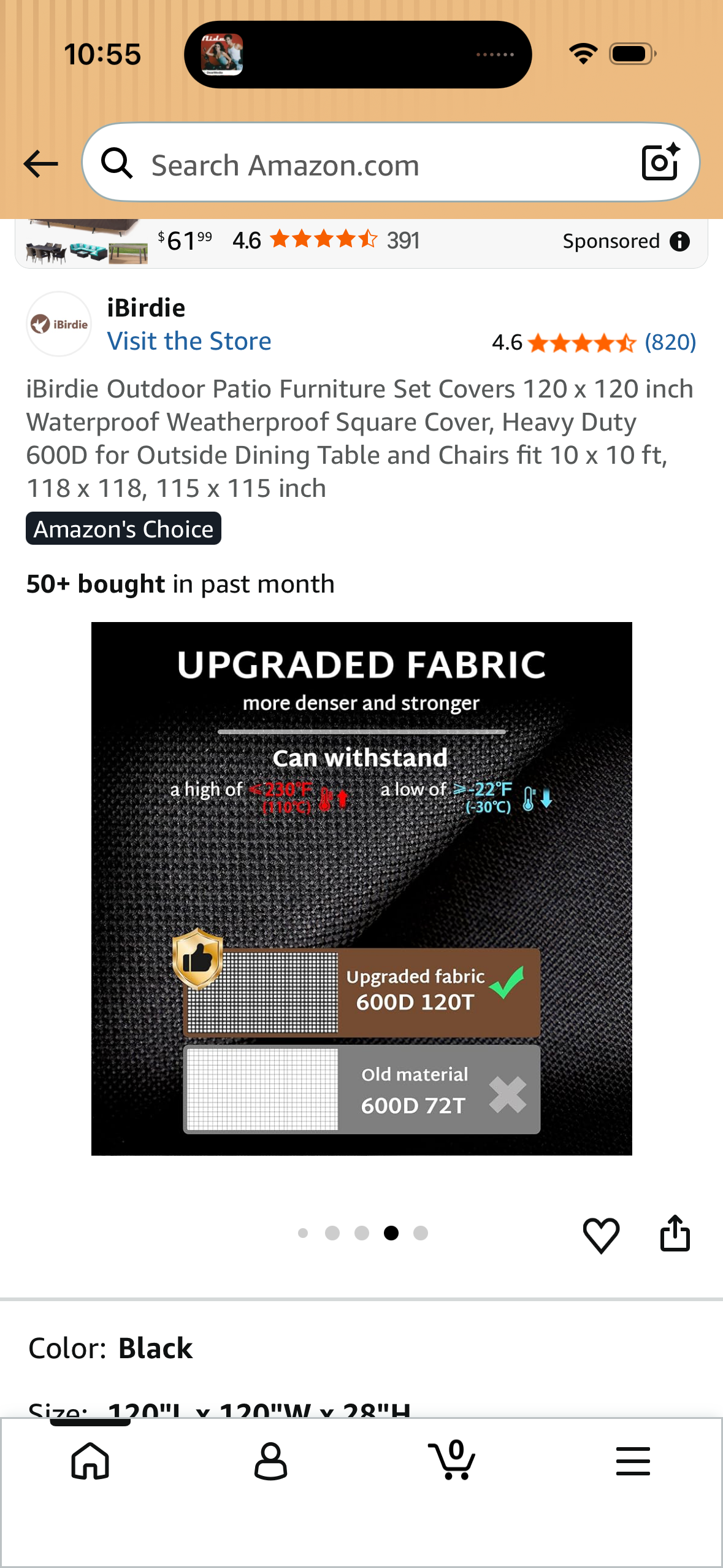 iBirdie Outdoor Patio Furniture Set Covers 120 x 120 inch Waterproof Weatherproof Square Cover, Heavy Duty 600D for Outside Dining Table and Chairs fit 10 x 10 ft, 118 x 118, 115 x 115 inch