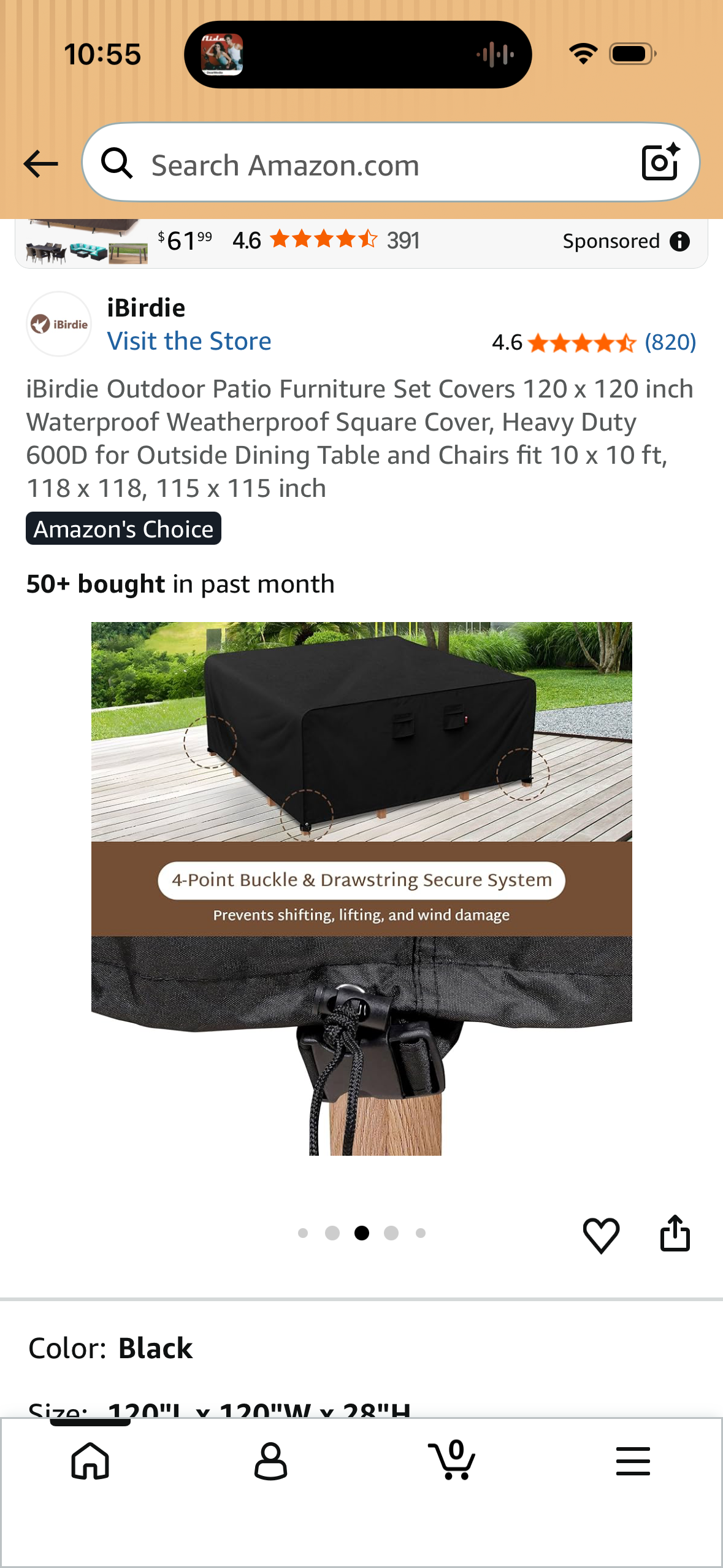 iBirdie Outdoor Patio Furniture Set Covers 120 x 120 inch Waterproof Weatherproof Square Cover, Heavy Duty 600D for Outside Dining Table and Chairs fit 10 x 10 ft, 118 x 118, 115 x 115 inch