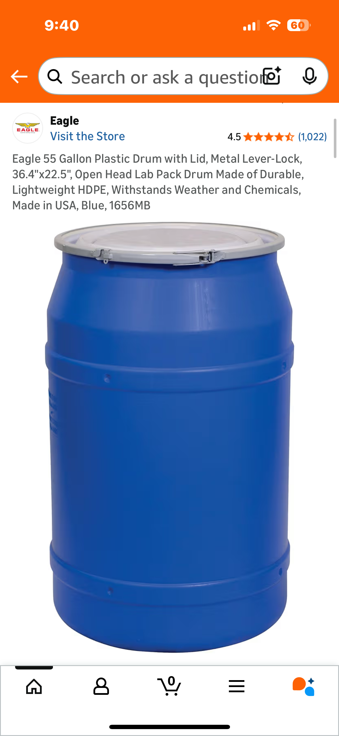 Eagle 55 Gallon Plastic Drum with Lid, Metal Lever-Lock, 36.4"x22.5", Open Head Lab Pack Drum Made of Durable, Lightweight HDPE, Withstands Weather and Chemicals, Made in USA, Blue, 1656MB (G928)
