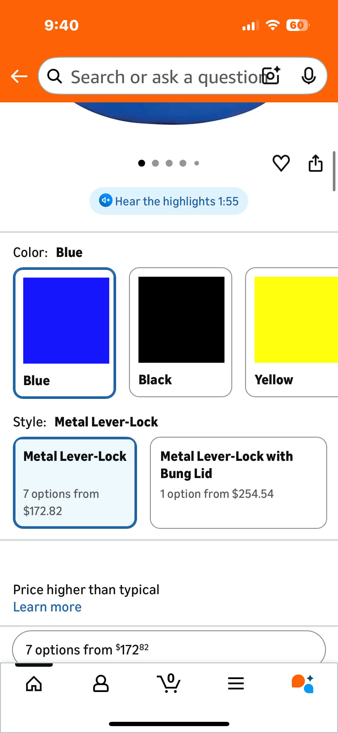 Eagle 55 Gallon Plastic Drum with Lid, Metal Lever-Lock, 36.4"x22.5", Open Head Lab Pack Drum Made of Durable, Lightweight HDPE, Withstands Weather and Chemicals, Made in USA, Blue, 1656MB (G928)
