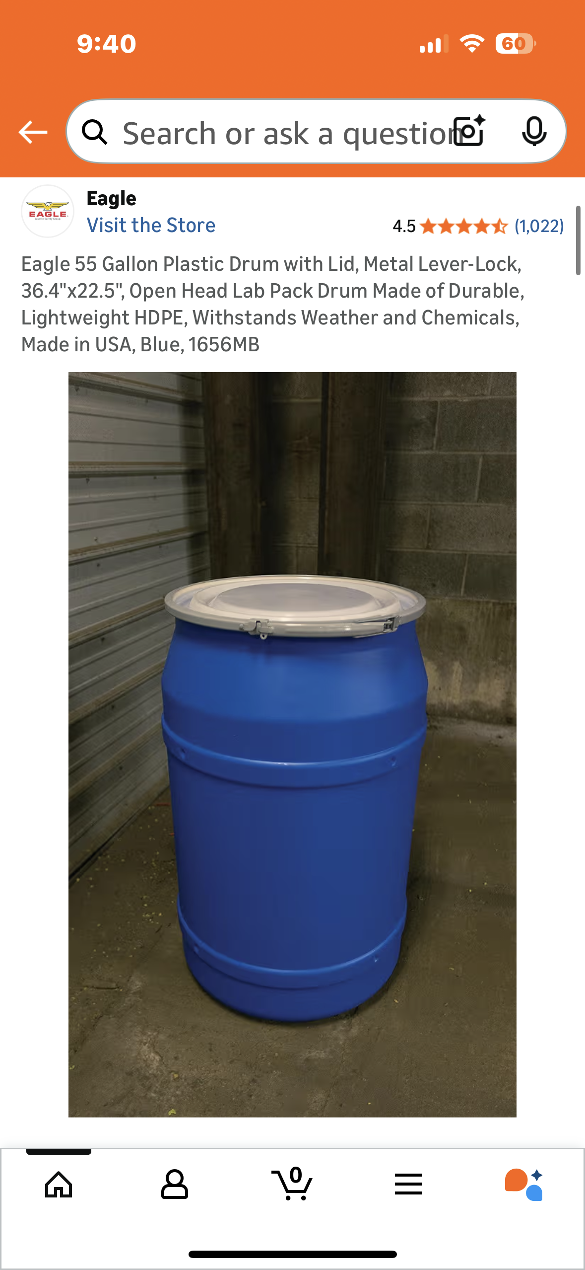 Eagle 55 Gallon Plastic Drum with Lid, Metal Lever-Lock, 36.4"x22.5", Open Head Lab Pack Drum Made of Durable, Lightweight HDPE, Withstands Weather and Chemicals, Made in USA, Blue, 1656MB (G928)