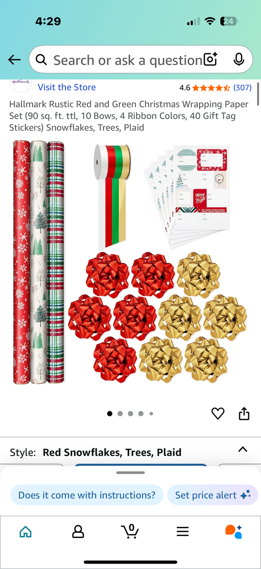 Hallmark Rustic Red and Green Christmas Wrapping Paper Set (90 sq. ft. ttl, 10 Bows, 4 Ribbon Colors, 40 Gift Tag Stickers) Snowflakes, Trees, Plaid