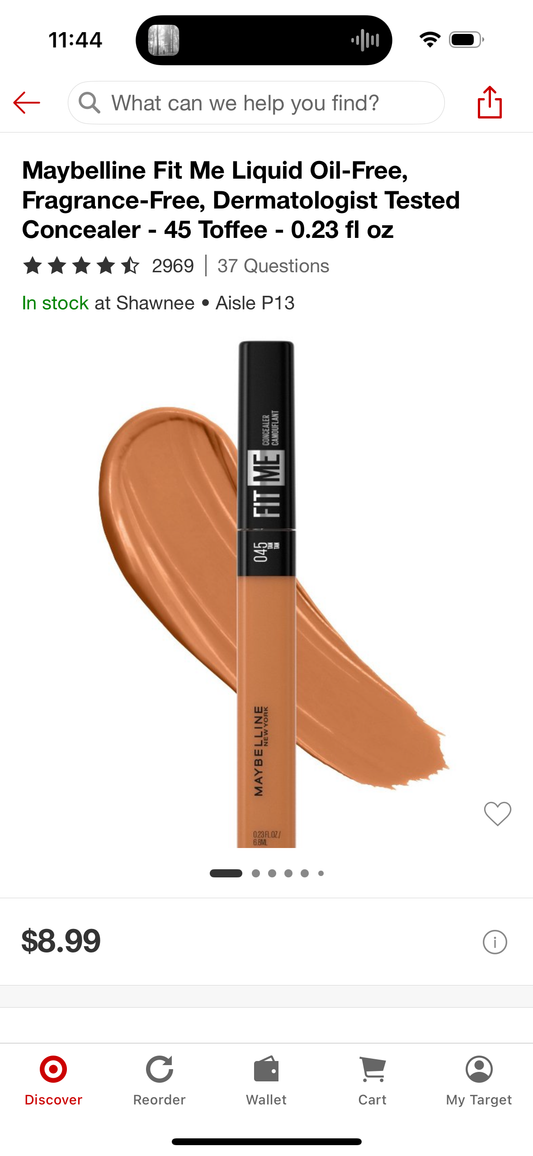 Maybelline Fit Me Liquid Oil-Free, Fragrance-Free, Dermatologist Tested Concealer - 45 Toffee - 0.23 fl oz