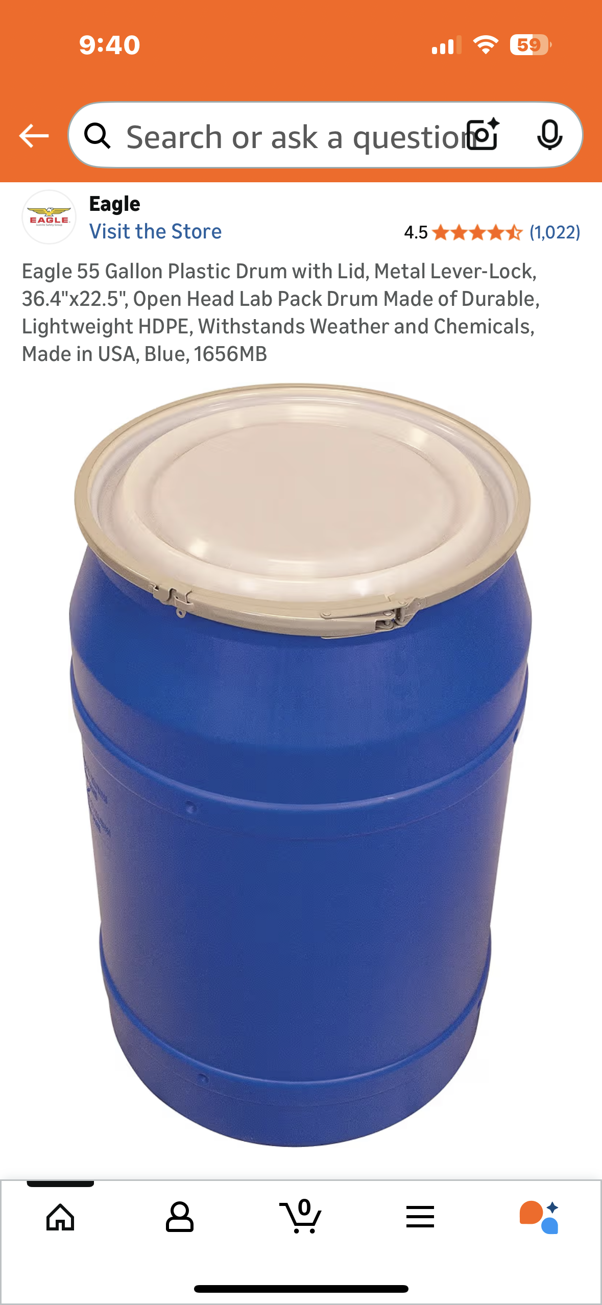 Eagle 55 Gallon Plastic Drum with Lid, Metal Lever-Lock, 36.4"x22.5", Open Head Lab Pack Drum Made of Durable, Lightweight HDPE, Withstands Weather and Chemicals, Made in USA, Blue, 1656MB (G928)