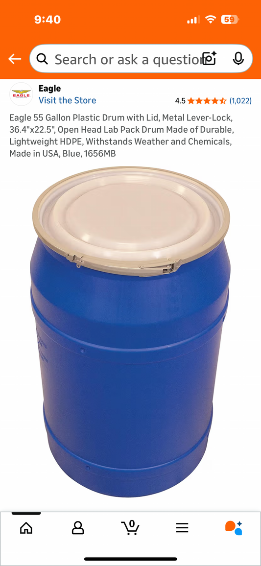 Eagle 55 Gallon Plastic Drum with Lid, Metal Lever-Lock, 36.4"x22.5", Open Head Lab Pack Drum Made of Durable, Lightweight HDPE, Withstands Weather and Chemicals, Made in USA, Blue, 1656MB (G928)