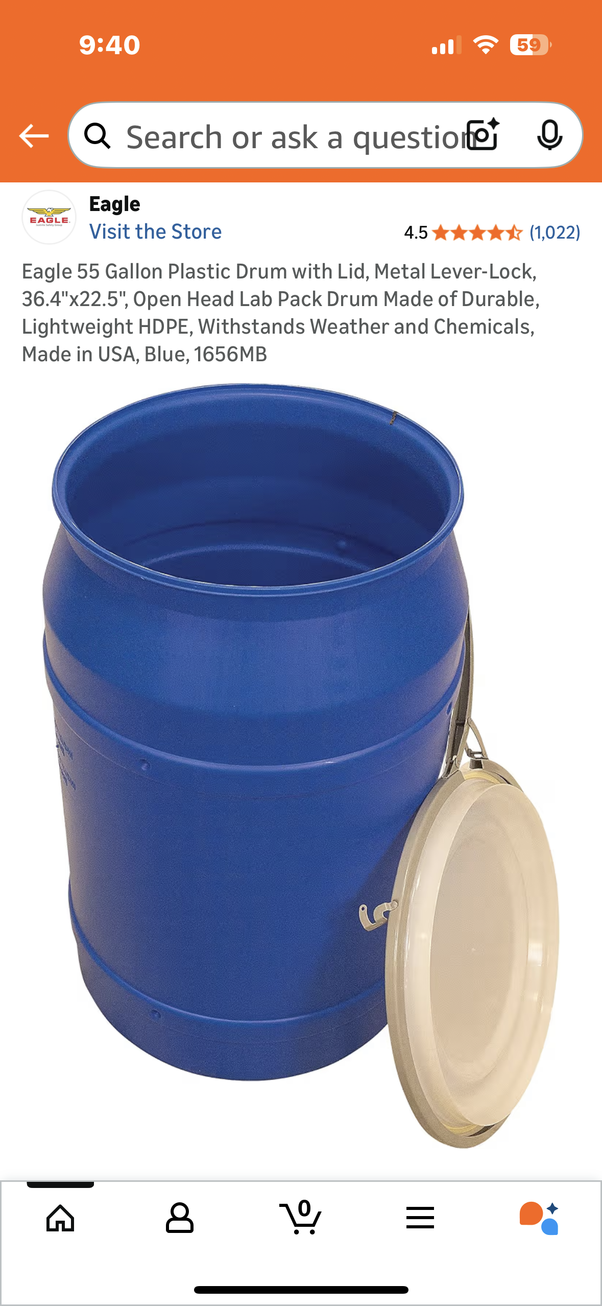 Eagle 55 Gallon Plastic Drum with Lid, Metal Lever-Lock, 36.4"x22.5", Open Head Lab Pack Drum Made of Durable, Lightweight HDPE, Withstands Weather and Chemicals, Made in USA, Blue, 1656MB (G928)