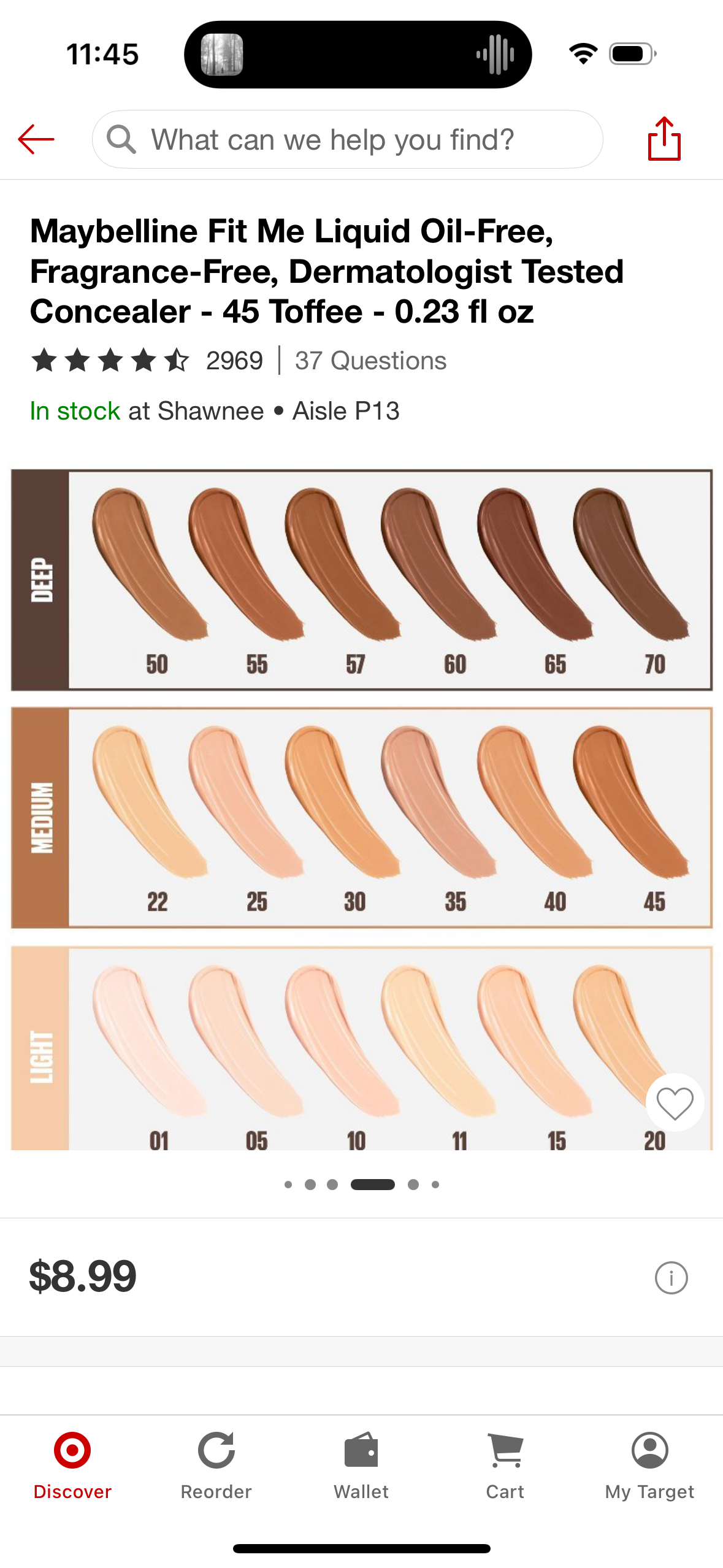 Maybelline Fit Me Liquid Oil-Free, Fragrance-Free, Dermatologist Tested Concealer - 45 Toffee - 0.23 fl oz