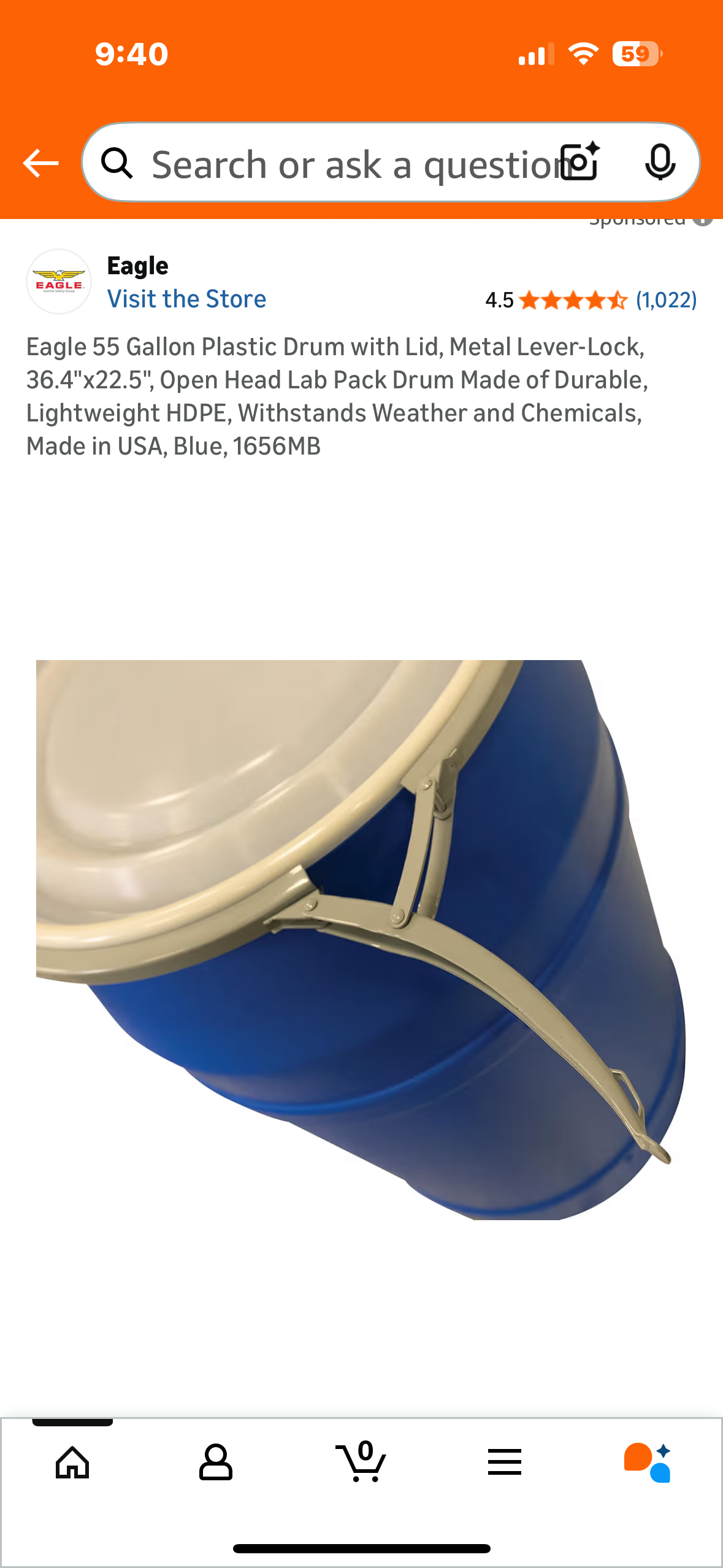 Eagle 55 Gallon Plastic Drum with Lid, Metal Lever-Lock, 36.4"x22.5", Open Head Lab Pack Drum Made of Durable, Lightweight HDPE, Withstands Weather and Chemicals, Made in USA, Blue, 1656MB (G928)