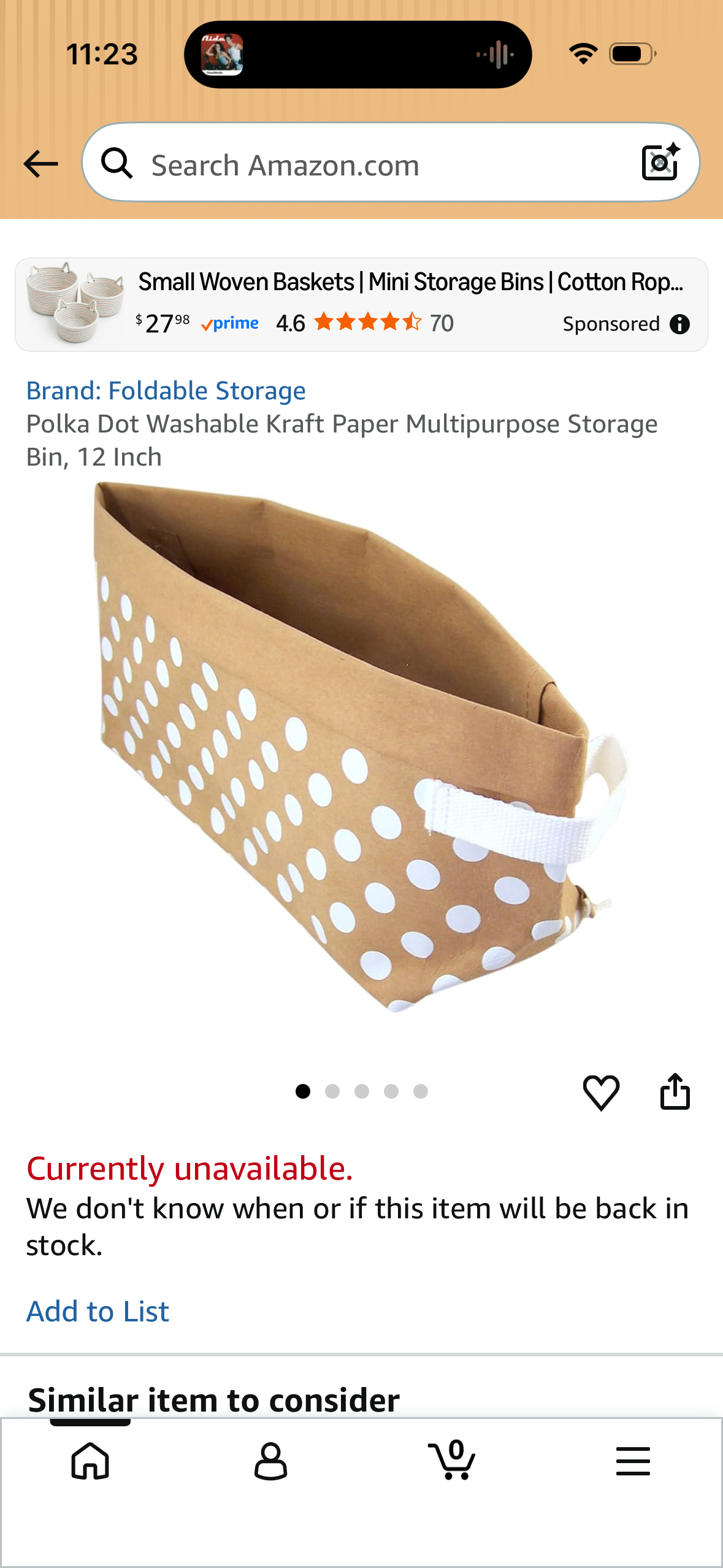 Polka Dot Washable Kraft Paper Multipurpose Storage Bin, 12 Inch