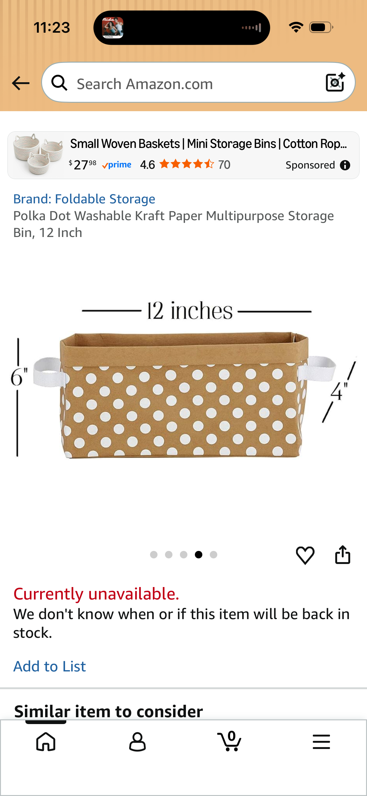 Polka Dot Washable Kraft Paper Multipurpose Storage Bin, 12 Inch