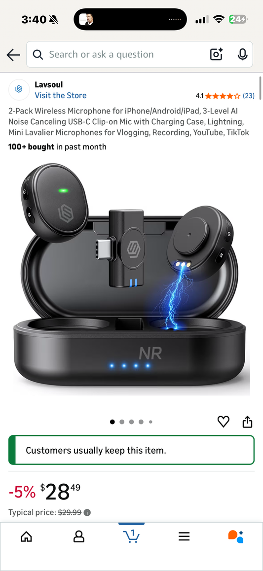 2-Pack Wireless Microphone for iPhone/Android/iPad, 3-Level AI Noise Canceling USB-C Clip-on Mic with Charging Case, Lightning, Mini Lavalier Microphones for Vlogging, Recording, YouTube, TikTok