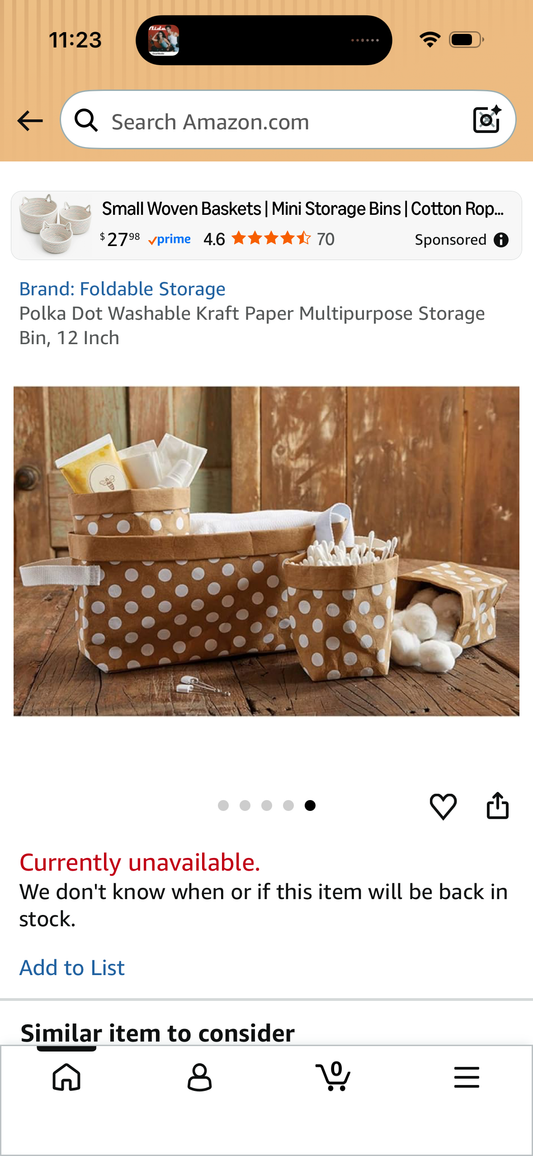 Polka Dot Washable Kraft Paper Multipurpose Storage Bin, 12 Inch