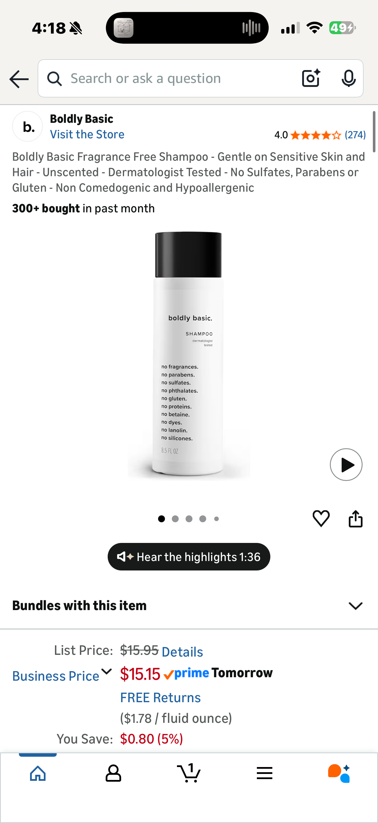 Boldly Basic Fragrance Free Shampoo - Gentle on Sensitive Skin and Hair - Unscented - Dermatologist Tested - No Sulfates, Parabens or Gluten - Non Comedogenic and Hypoallergenic