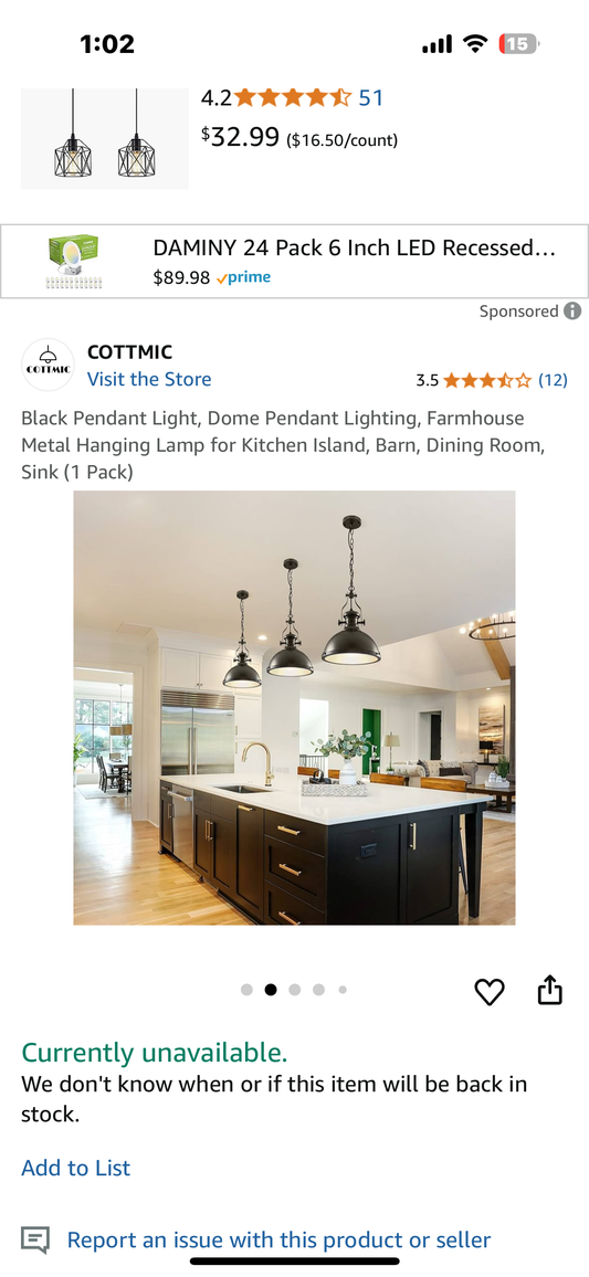 New - Black Dome Pendant Light, Farmhouse Metal Hanging Lamp for Kitchen Island, Barn, Dining Room, (1 Pack) (L902)
