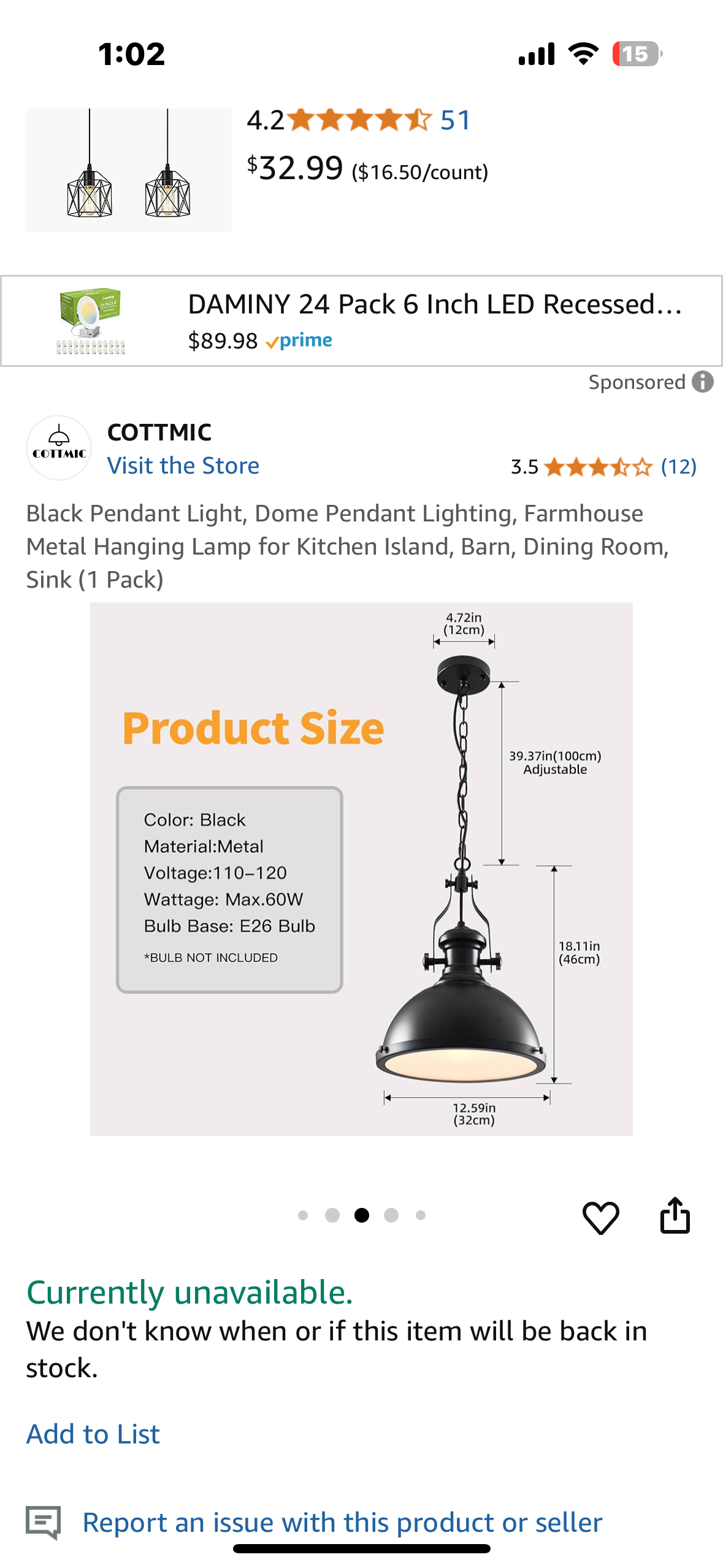 New - Black Dome Pendant Light, Farmhouse Metal Hanging Lamp for Kitchen Island, Barn, Dining Room, (1 Pack) (L902)