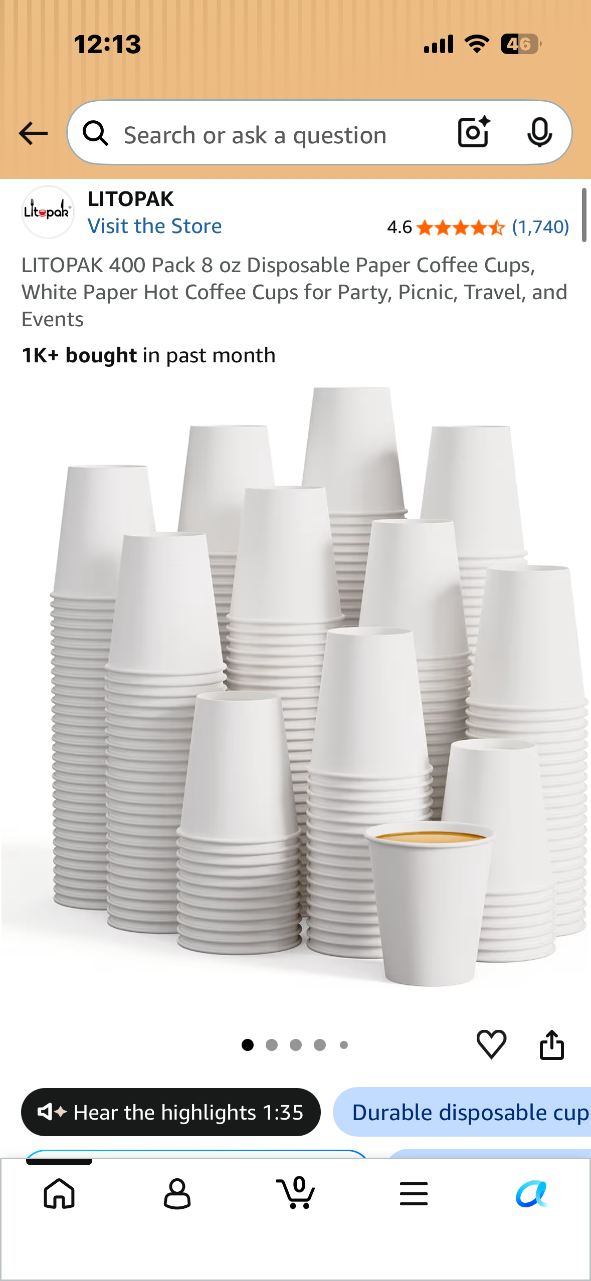 LITOPAK 400 Pack 8 oz Disposable Paper Coffee Cups, White Paper Hot Coffee Cups for Party, Picnic, Travel, and Events