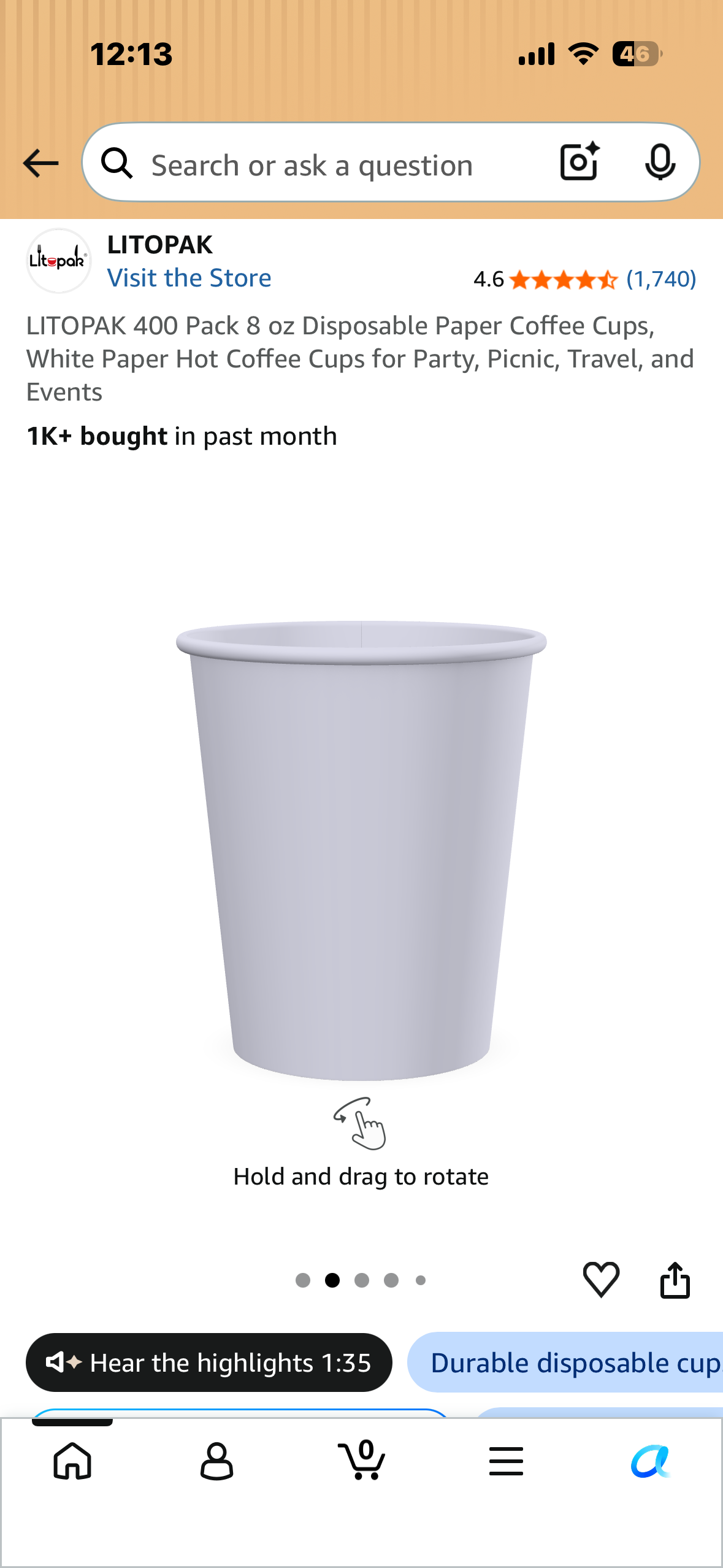 LITOPAK 400 Pack 8 oz Disposable Paper Coffee Cups, White Paper Hot Coffee Cups for Party, Picnic, Travel, and Events