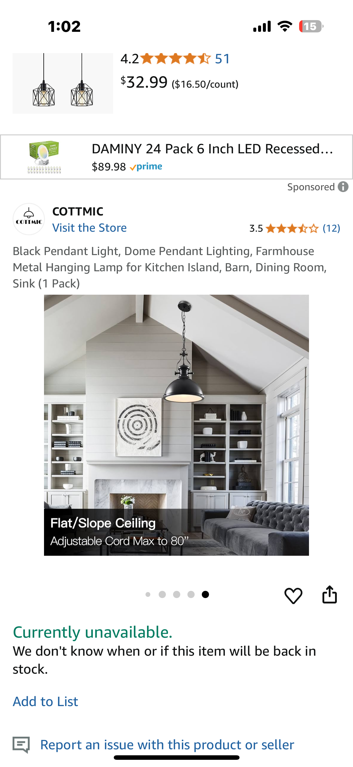 New - Black Dome Pendant Light, Farmhouse Metal Hanging Lamp for Kitchen Island, Barn, Dining Room, (1 Pack) (L902)