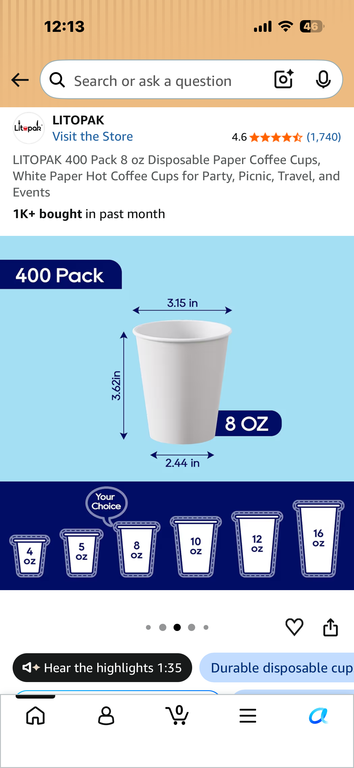 LITOPAK 400 Pack 8 oz Disposable Paper Coffee Cups, White Paper Hot Coffee Cups for Party, Picnic, Travel, and Events