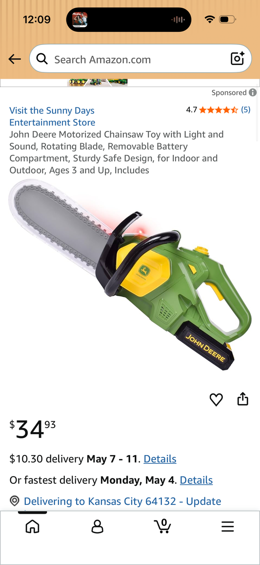 John Deere Motorized Chainsaw Toy with Light and Sound, Rotating Blade, Removable Battery Compartment, Sturdy Safe Design, for Indoor and Outdoor, Ages 3 and Up, Includes