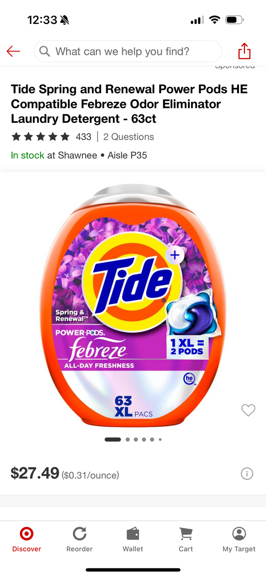 Tide Spring and Renewal Power Pods HE Compatible Febreze Odor Eliminator Laundry Detergent - 63ct