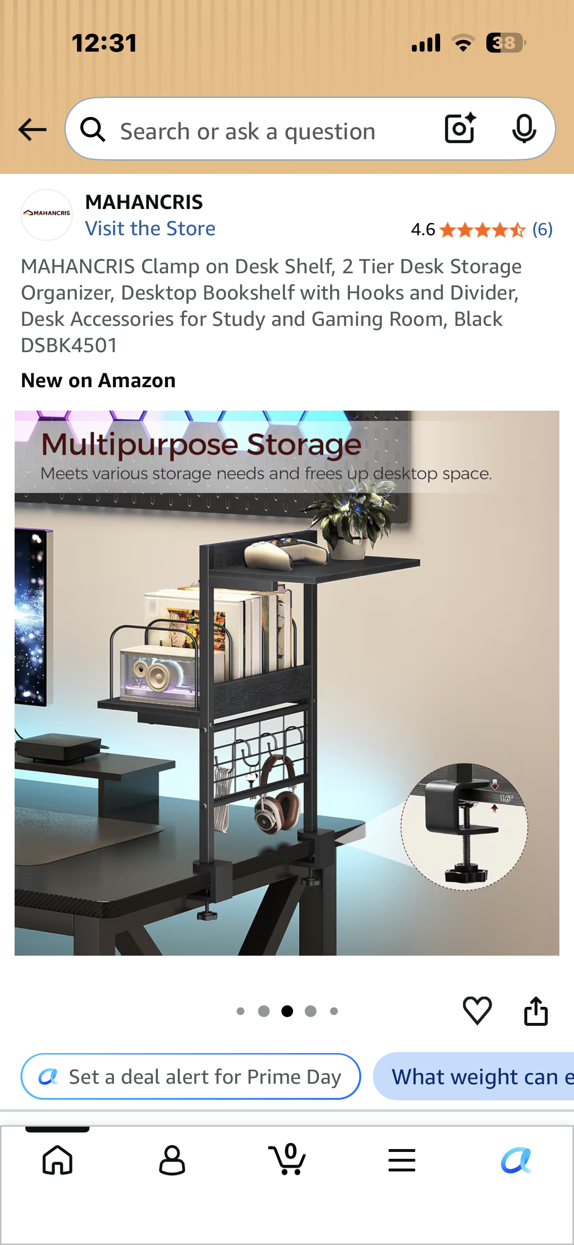 MAHANCRIS Clamp on Desk Shelf, 2 Tier Desk Storage Organizer, Desktop Bookshelf with Hooks and Divider, Desk Accessories for Study and Gaming Room, Black